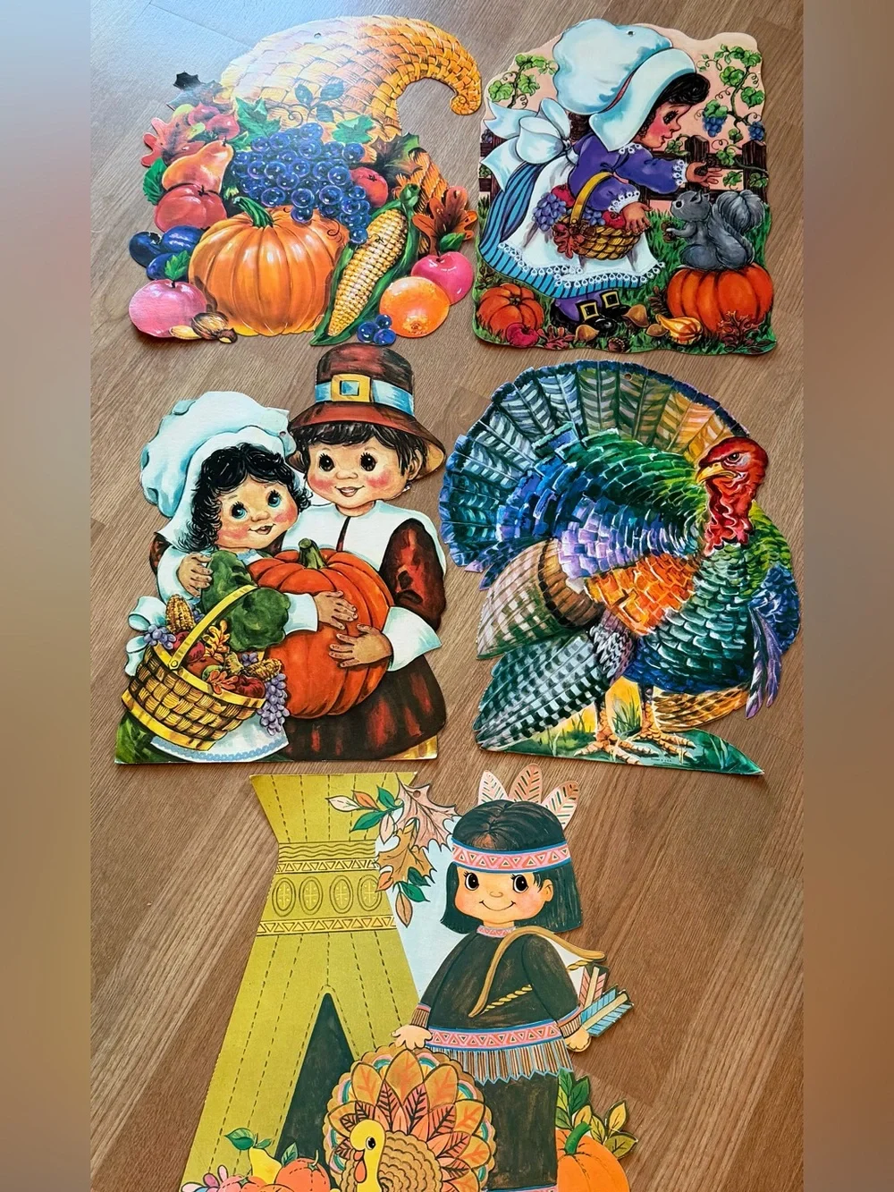 Vintage Thanksgiving Cut Outs, Girl Boy Pilgrim Turkey Indian Made In The USA